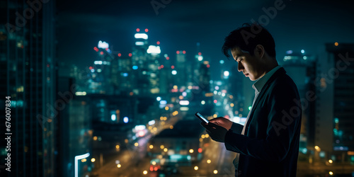 a business asianman looking at his phone in the middle of the city, at night. space for text photo