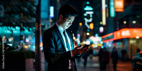 a business asianman looking at his phone in the middle of the city, at night. space for text