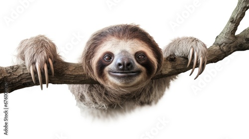  a close up of a sloth on a branch with its hands on it's back and eyes wide open.  generative ai photo