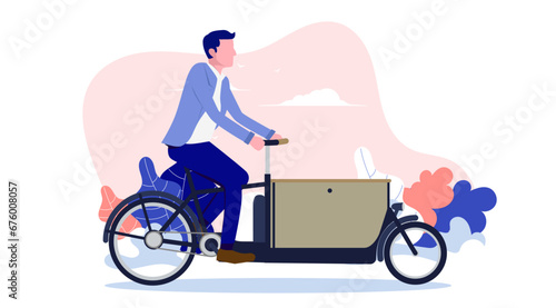 Man on cargo bike - Male person riding e-cargo bike outdoors. Flat design vector illustration with white background