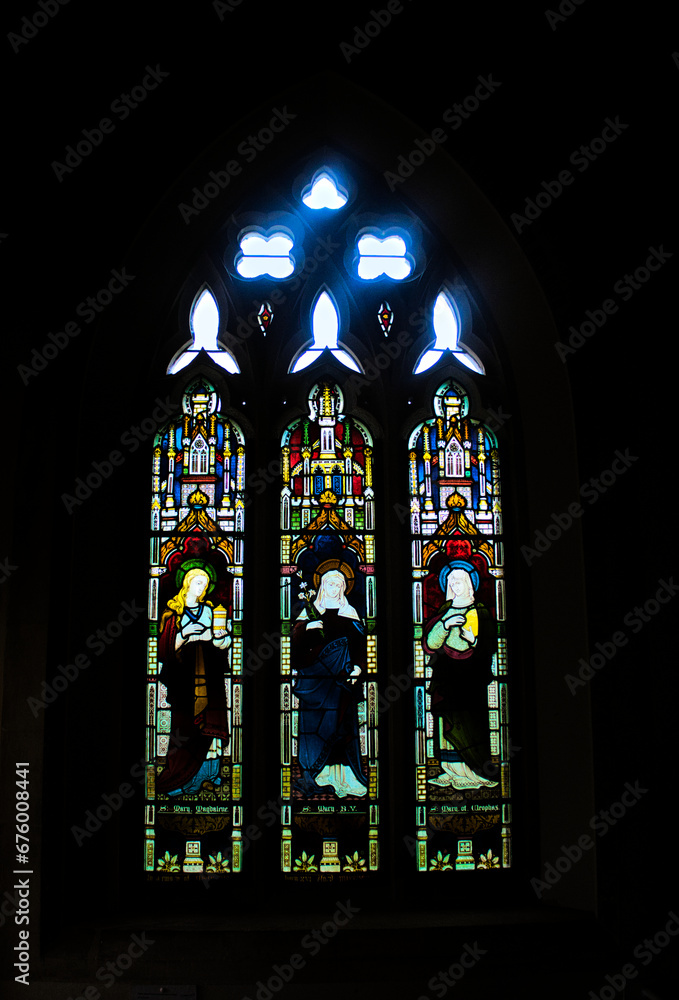 stained glass window in church, Tyneham Village