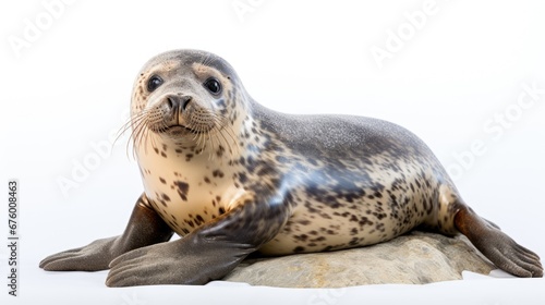  a harbor seal laying on top of a rock on a white background The seal is a light grey color with a white underside and a black nose Its eyes are closed and its mou