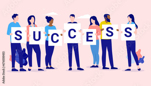 Team success - Group of diverse business people standing and holding letters spelling word. Successful teamwork concept in flat design vector illustration