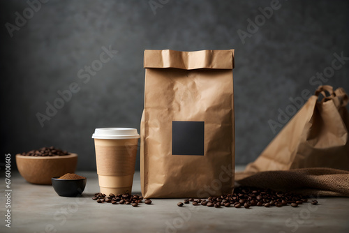 Kraft paper bag with copy space and paper coffee cup on wooden table. Mockup for your design. photo created using Leonardo AI platform.