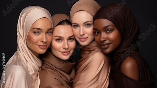 Interracial beauty and muslim model group with muslim woman in hijab smile for cosmetic campaign in brown studioSkincare,diversity and muslim women hug portrait for inclusivity, happiness and healthy 