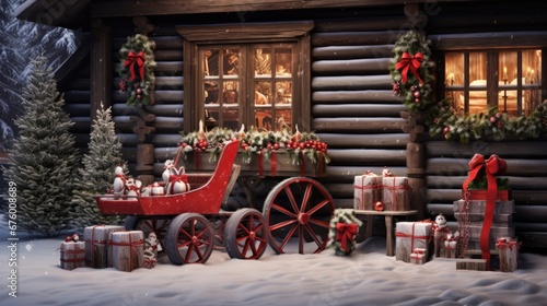 Photo a christmas scene with a sleigh, presents and a horse drawn carriage in front of a log cabin