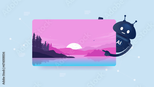 AI creating and generating photo - Vector illustration of artificial intelligence robot character showing landscape image and pointing