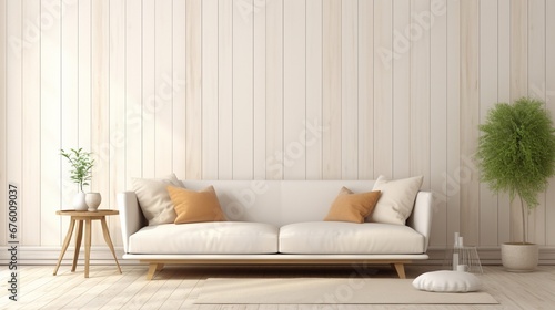 Scandinavian living room interior with a sofa on empty cream wooden wall background. 3d rendering