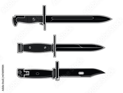 Vector ilustration of military rifle bayonets on a white background. Black.