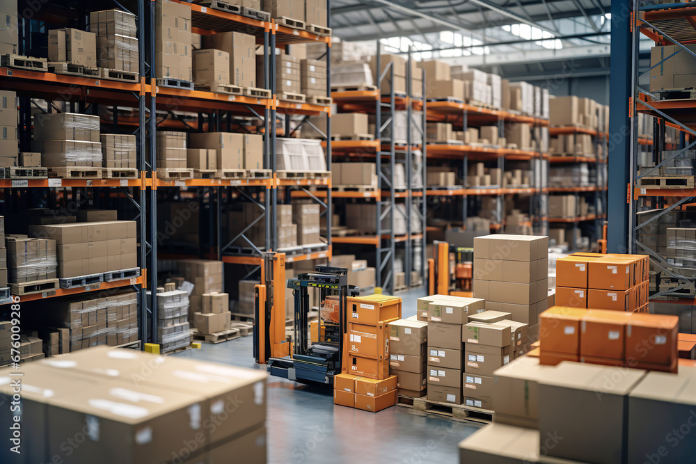 Obraz premium Logistic wholesale storehouse, for furniture merchandise inventory and wood material. Construction supplies big box store