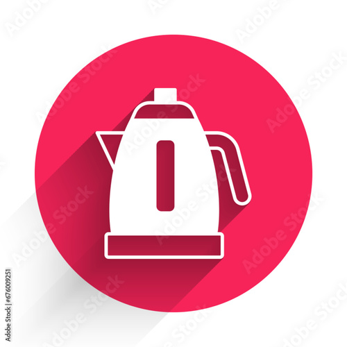 White Electric kettle icon isolated with long shadow. Teapot icon. Red circle button. Vector