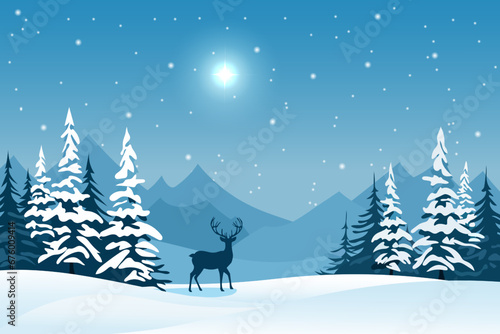 Deer with large antlers in a winter night forest against the backdrop of mountains and a beautiful polar star and starry sky. Design for Christmas or New Year card, banner, poster, cover.