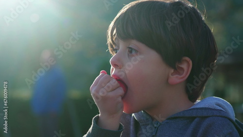 Child eating strawberry fruit snack while basking in the fall sun at park playground