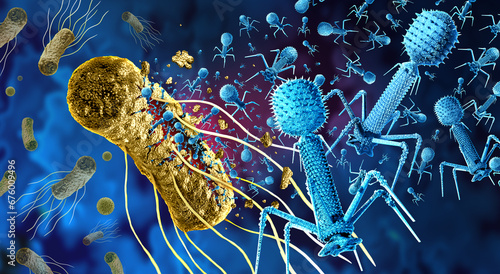Foto Phage and Bacteriophage replicating inside a pathogen as a virus that infects ba