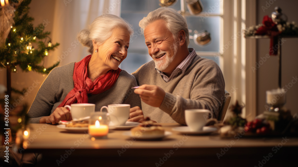 Elderly couple sharing a warm and intimate moment, while holding a cup of coffee, surrounded by the soft glow of candlelight, desserts, on a cozy dining table. Elderly couple sharing a warm and intimate moment, while holding a cup of coffee, surrounded by the soft glow of candlelight, desserts, on a cozy dining table.