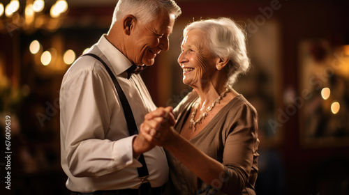 An elderly couple joyfully dances together, sharing a moment of intimate connection amidst the soft glow of party lights.