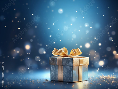 Gold colored gift box wrapped in a shiny ribbon, on a festive glittering blue background with copy space, for Christmas card, birthday, anniversary, surprise © mozZz