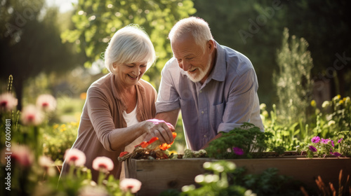 An elderly couple joyfully tends to their vibrant garden  surrounded by blooming flowers and lush greenery.