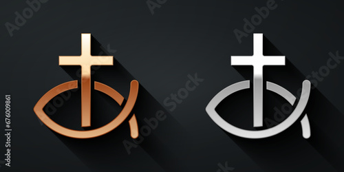 Gold and silver Christian fish symbol icon isolated on black background. Jesus fish symbol. Long shadow style. Vector