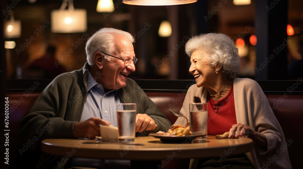 An elderly couple shares a heartfelt moment over dinner, laughing and connecting amidst the warm ambiance of a candlelit restaurant. An elderly couple shares a heartfelt moment over dinner, laughing and connecting amidst the warm ambiance of a candlelit restaurant.