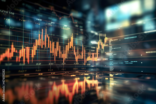 Panoramic abstract backdrop with stock market growth/down, digital financial chart graphs and indicators