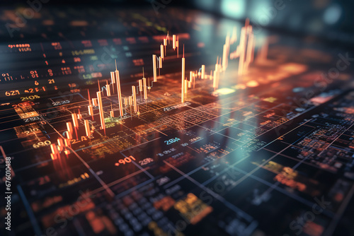 Panoramic abstract backdrop with stock market growth/down, digital financial chart graphs and indicators