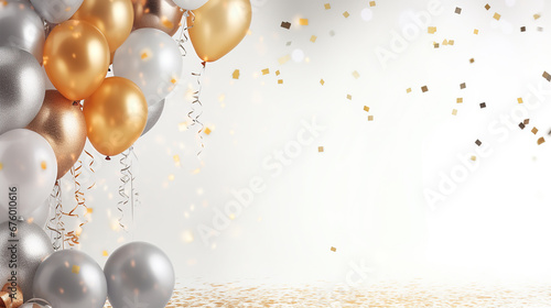 Feliz aniversário. Balões de ar, balões de folha, balão de aniversário, elementos de confetes brilhantes. Cartão de aniversário. ouro, prata, espaço de cópia
