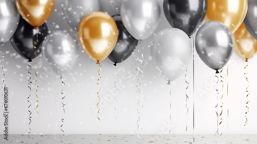 Feliz aniversário. Balões de ar, balões de folha, balão de aniversário, elementos de confetes brilhantes. Cartão de aniversário. ouro, prata, espaço de cópia photo