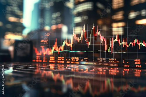 Panoramic abstract backdrop with stock market growth/down, digital financial chart graphs and indicators