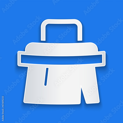 Paper cut Sauna brush icon isolated on blue background. Wooden brush with coarse bristles for washing in the bath. Anti cellulite massage. Paper art style. Vector