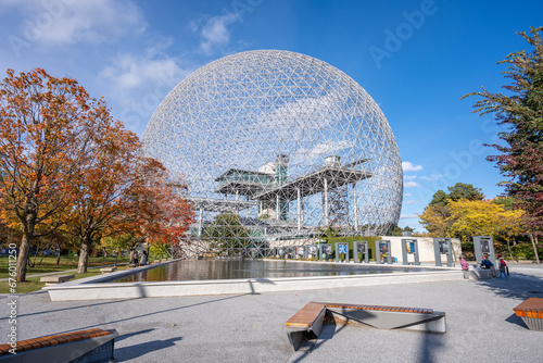 The Montreal Biosphere, a museum dedicated to the environment in Quebec, Canada. It is located within the grounds of Parc Jean-Drape. The dome was designed by Buckminster Fuller. photo