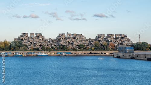 Fototapeta Naklejka Na Ścianę i Meble -  Habitat 67 housing complex at Cité du Havre, on the Saint Lawrence River, Montreal, Quebec, Canada, designed by Israeli-Canadian architect Moshe Safdie.