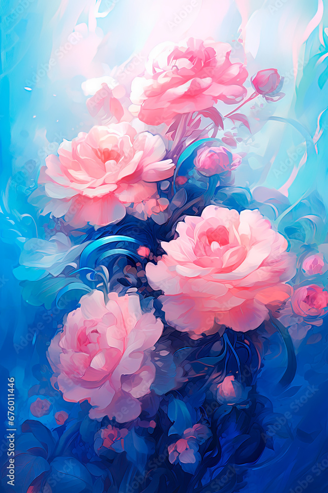 Delicate pink and blue roses flowers. Generative AI Delicate pink and blue roses flowers. Generative AI