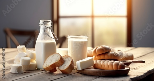 Dairy Fresh. Milk Bottle and Bread Loaf on a Wooden Surface. Generative AI