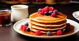 Sweet Morning - Homemade Pancakes with Golden Honey, Caramel Sauce, and Summer Berries. Generative AI
