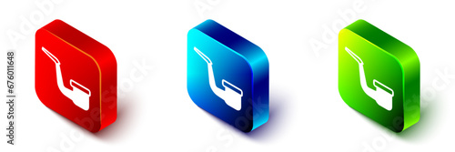 Isometric Smoking pipe with smoke icon isolated on white background. Tobacco pipe. Red, blue and green square button. Vector
