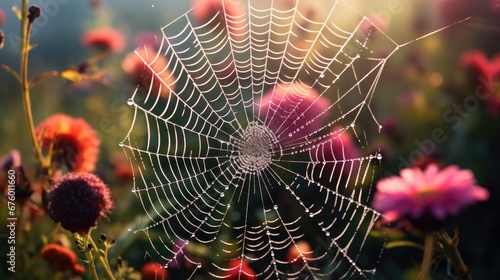 A web of spiders in the center of a flower garden. Generative Ai.