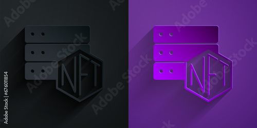 Paper cut NFT blockchain technology icon isolated on black on purple background. Non fungible token. Digital crypto art concept. Paper art style. Vector