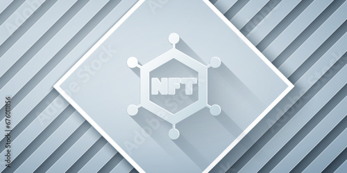 Paper cut NFT blockchain technology icon isolated on grey background. Non fungible token. Digital crypto art concept. Paper art style. Vector