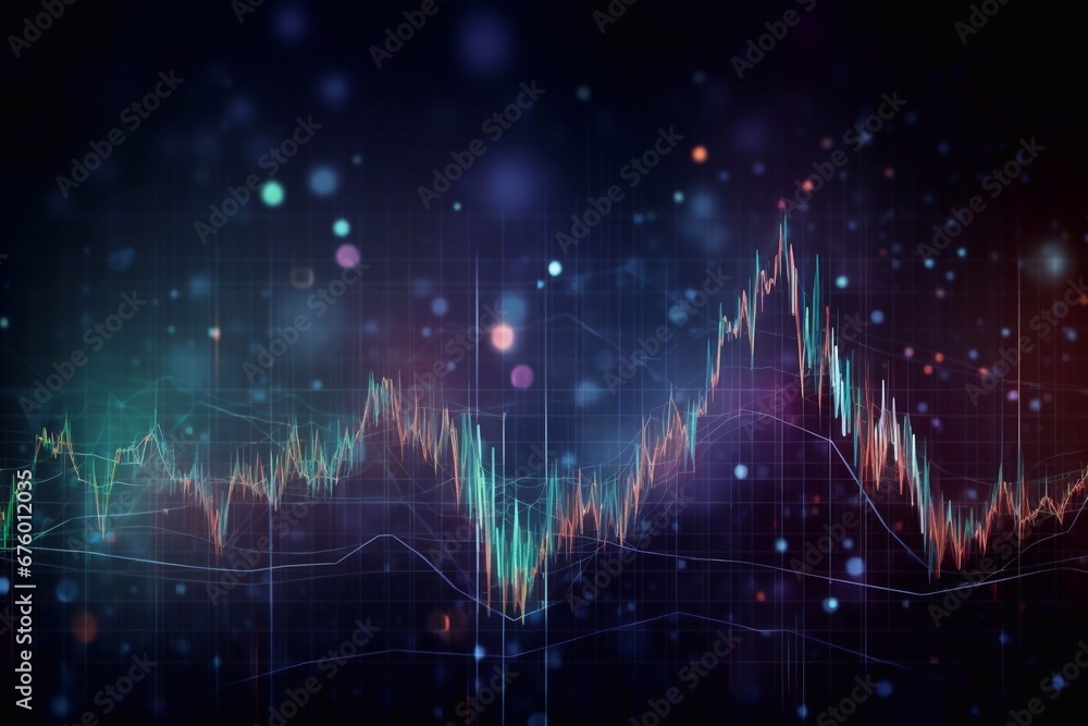 Stock market graph and bar chart price display. Data on live computer screen. Display of quotes pricing graph visualization. Abstract financial background trade colorful, generative AI