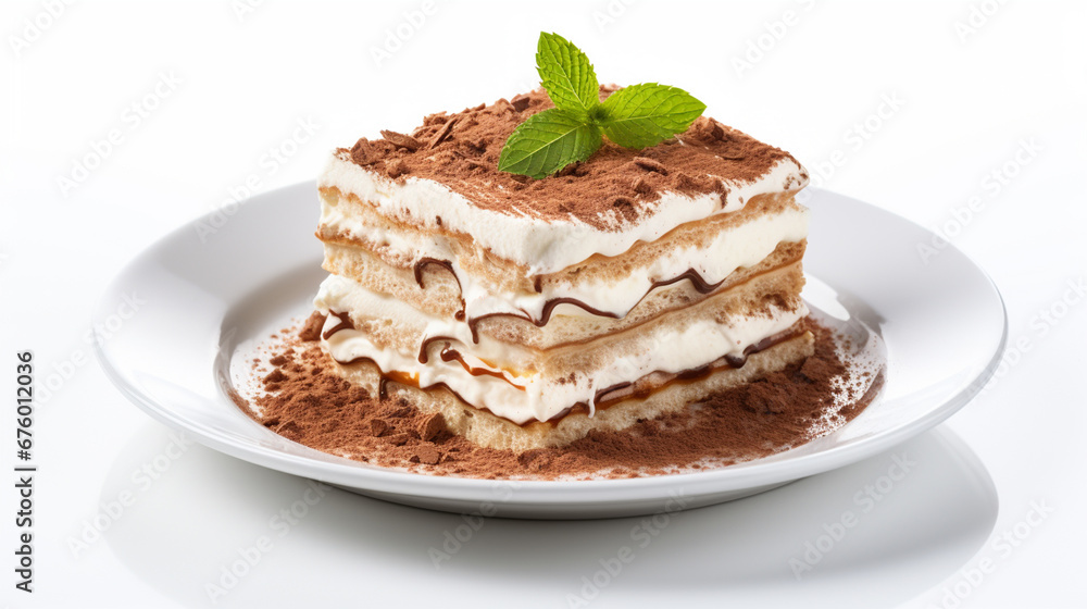 Tiramisu dessert on a white background.Generative AI Tiramisu dessert on a white background.Generative AI