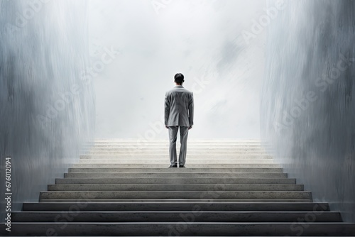 Man going upstairs towards open world full of light. Concept of hope, new better world, bright future