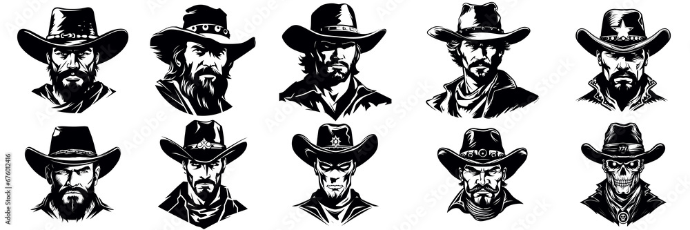 Vintage wanted logo modern cowboy western character person. Set cowboy logo, black and white, emblem or graphic design. wild west vector illustration - obrazy, fototapety, plakaty 