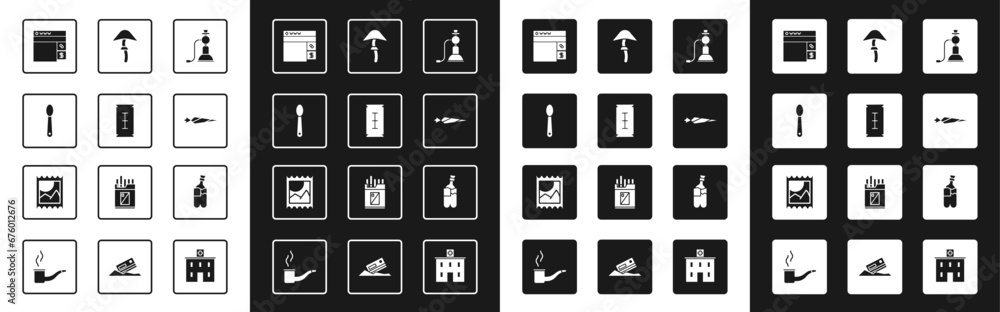 Set Hookah, Blade razor, Heroin in spoon, Buying drugs online, Marijuana joint, Psilocybin mushroom, Bong for smoking marijuana and LSD acid mark icon. Vector Set Hookah, Blade razor, Heroin in spoon, Buying drugs online, Marijuana joint, Psilocybin mushroom, Bong for smoking marijuana and LSD acid mark icon. Vector