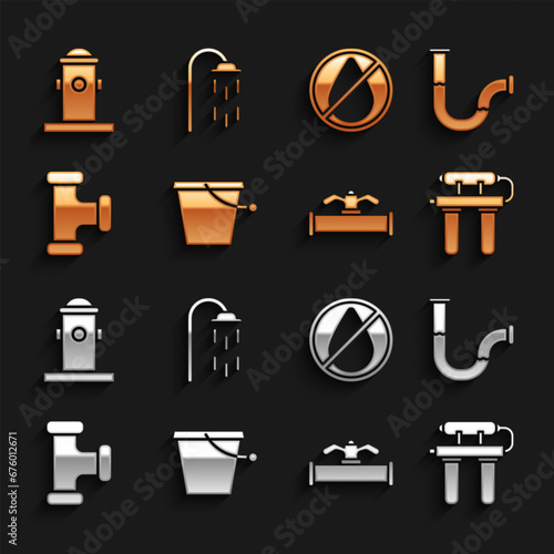 Set Bucket, Industry metallic pipe, Water filter, and valve, drop forbidden, Fire hydrant and Shower icon. Vector