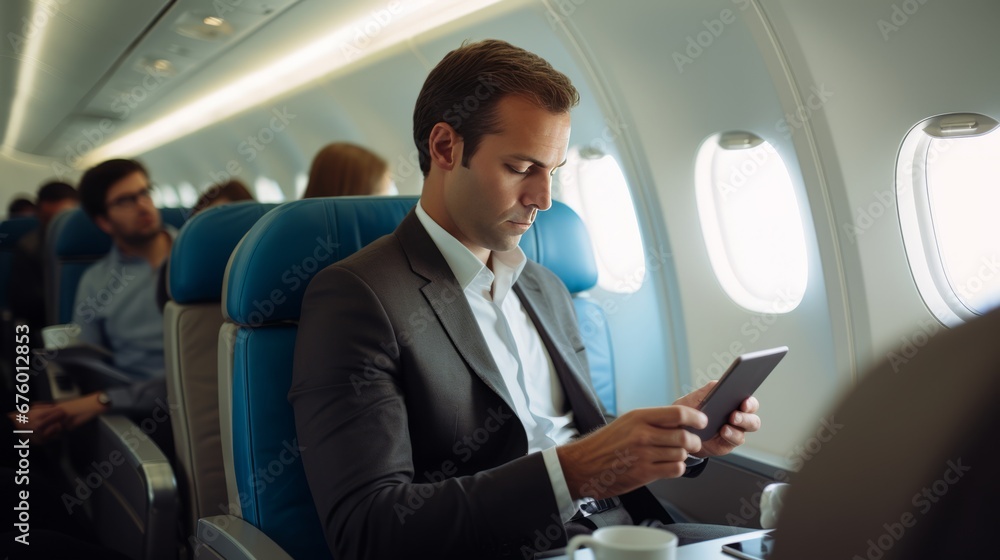 businessman using smartphone manage working schedule meeting on a plane business travelling ideas concept businessman using smartphone manage working schedule meeting on a plane business travelling ideas concept