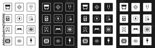 Set Audio jack, Lightning bolt, Multimeter, Fuse, Electric plug, Processor with microcircuits CPU, Electrical outlet and transformer icon. Vector