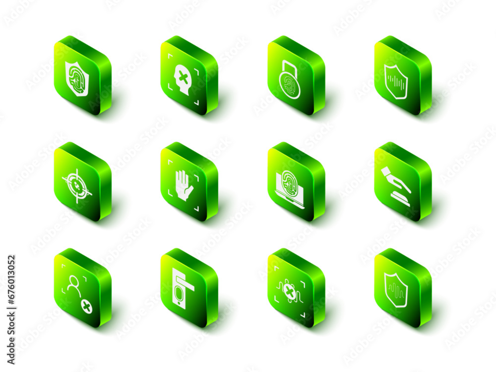 Set Rejection face recognition, Fingerprint with lock, Shield voice, Palm, Laptop fingerprint, and door icon. Vector Set Rejection face recognition, Fingerprint with lock, Shield voice, Palm, Laptop fingerprint, and door icon. Vector