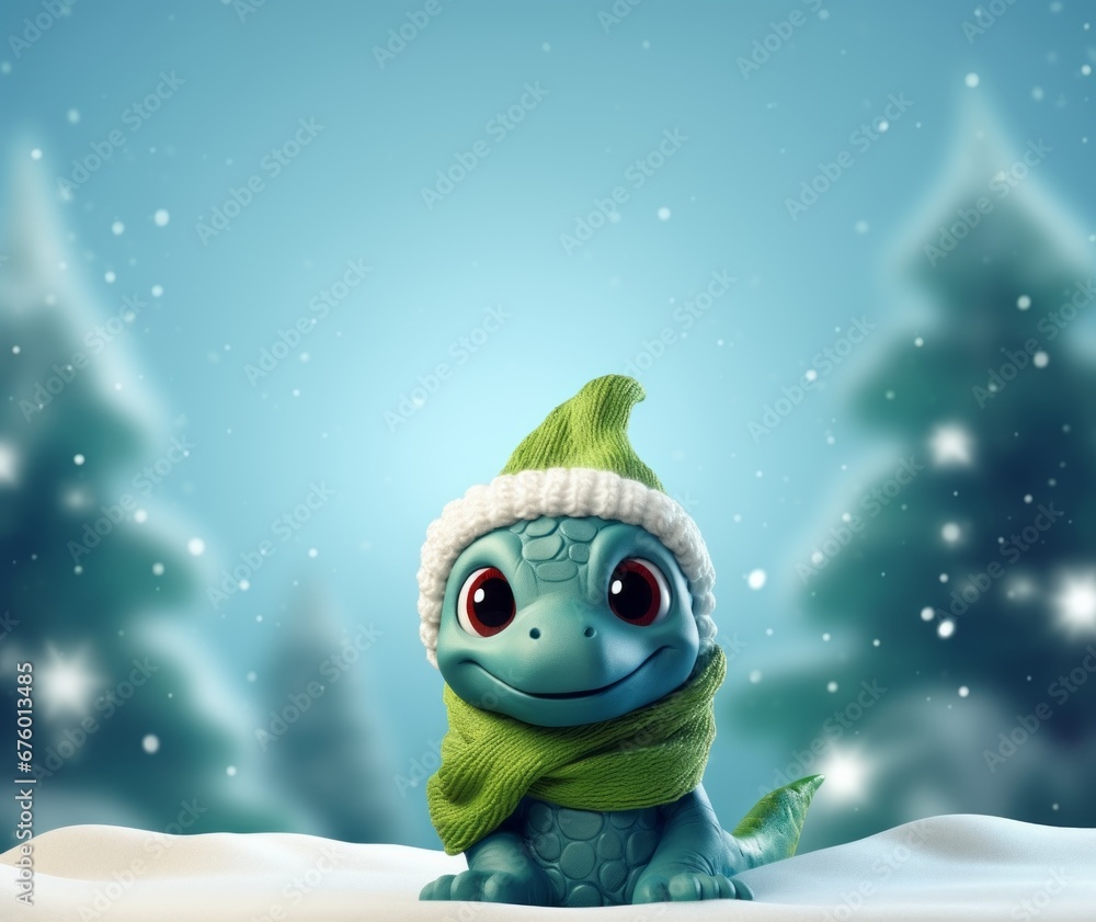 Little dragon with a green hat and scarf on the winter forest background
