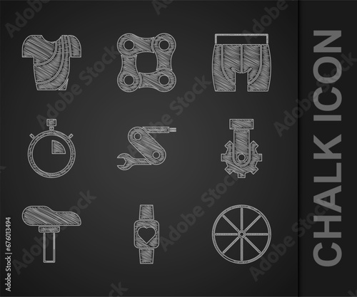 Set Swiss army knife, Smart watch, Bicycle wheel, Derailleur bicycle rear, seat, Stopwatch, Cycling shorts and t-shirt icon. Vector